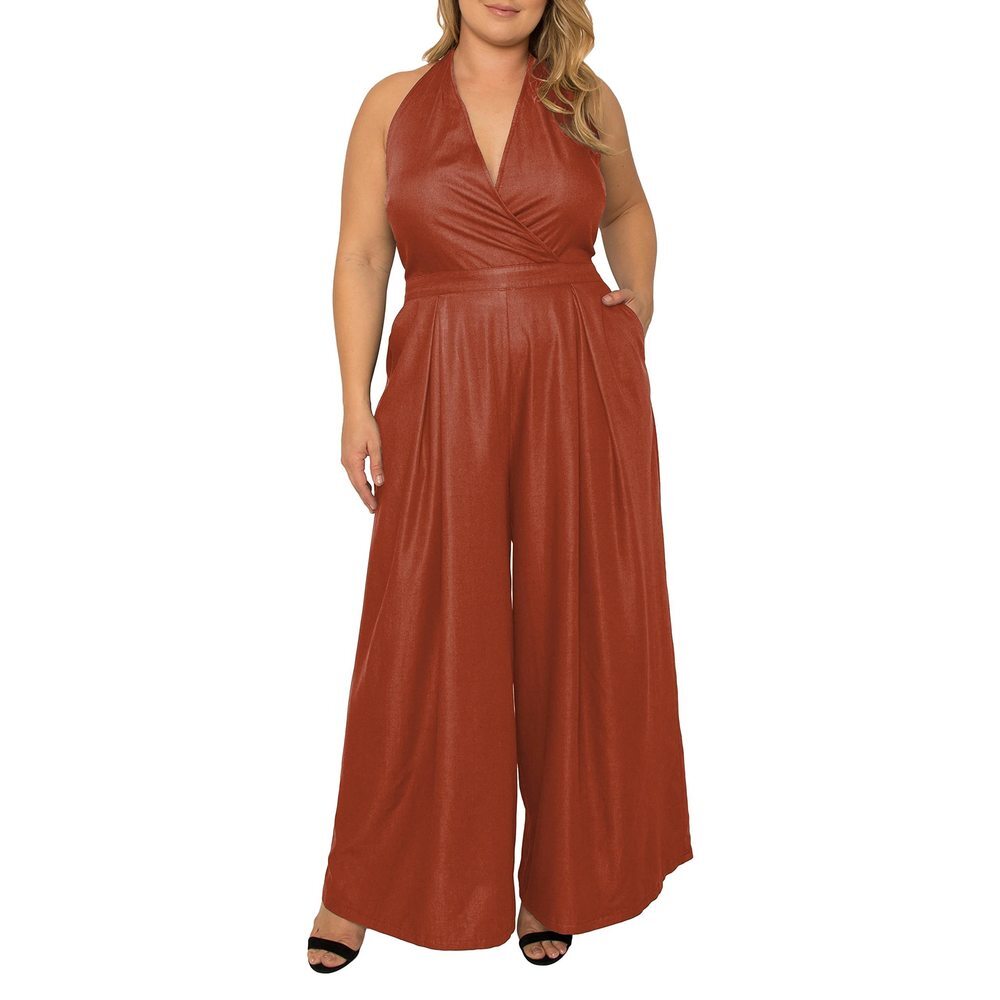 Standards & Practices Women's Plus Size V-Neck Halter Backless Brown Jumpsuit 2X